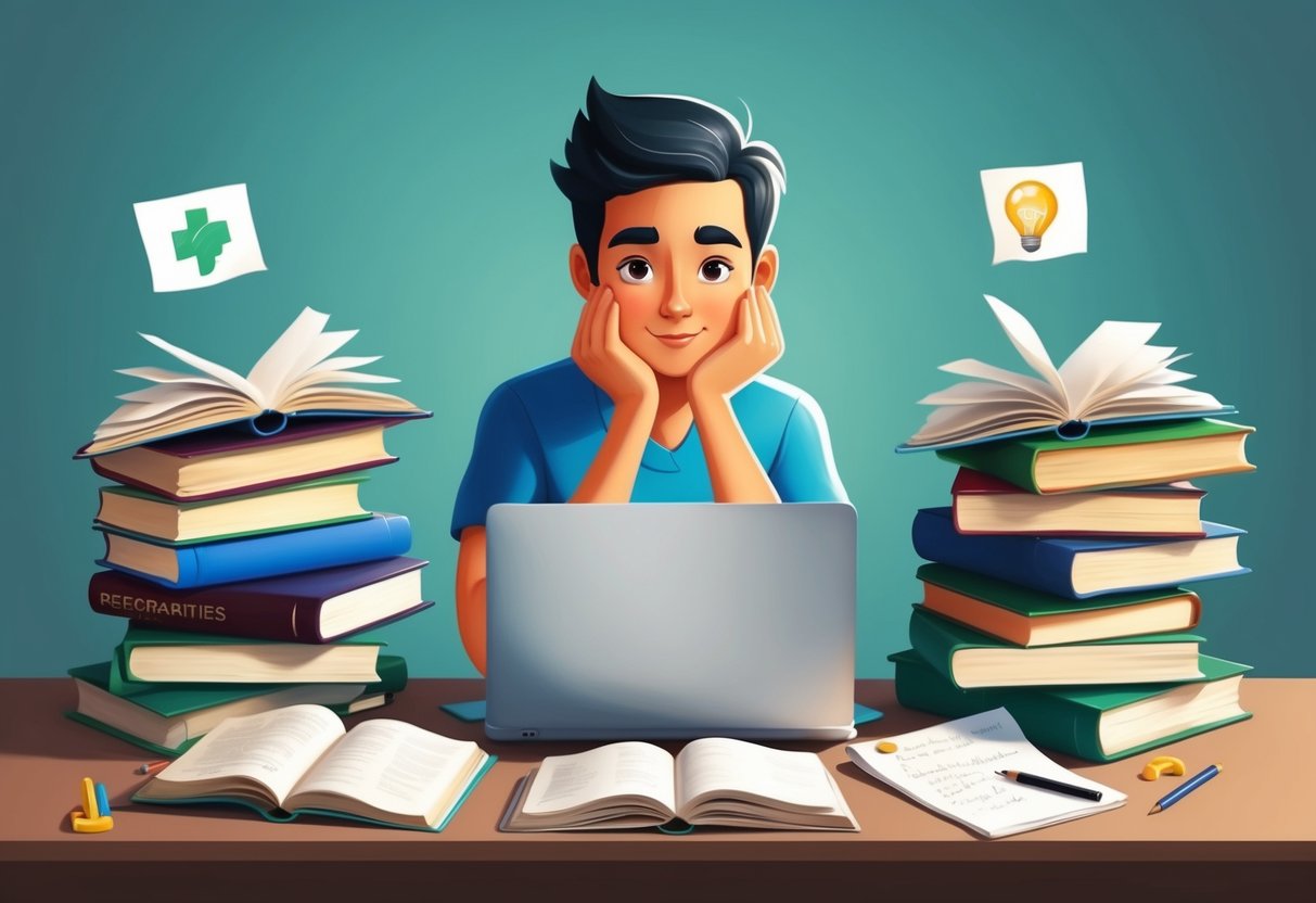 A person researching charities, surrounded by open books, a laptop, and notes, with a thoughtful expression