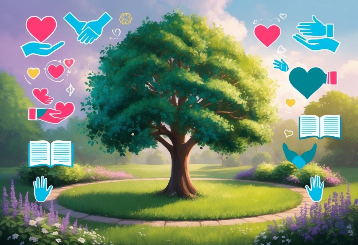 A serene garden with a tree surrounded by various charitable symbols like hearts, hands, and open books, representing the act of giving back through charitable trusts