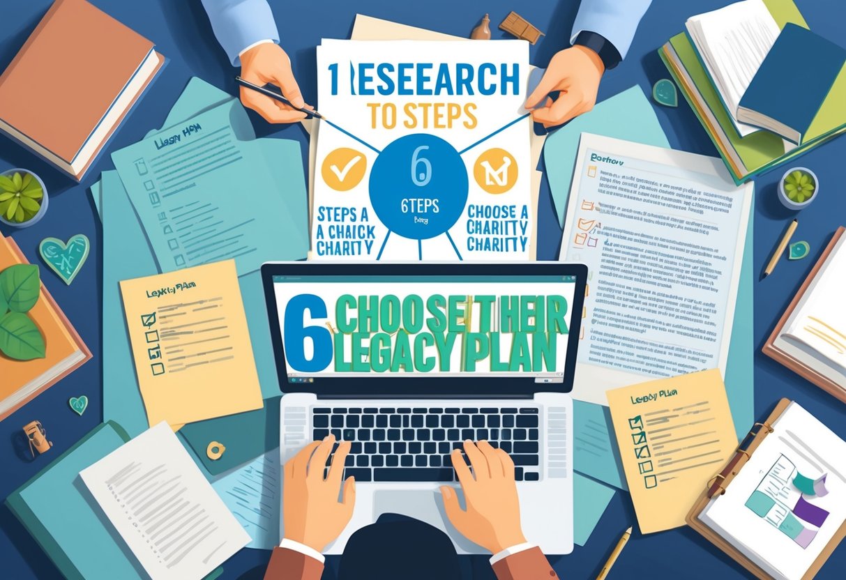 A person researching on a laptop, surrounded by books and papers, with a checklist of 6 steps to choose a charity for their legacy plan