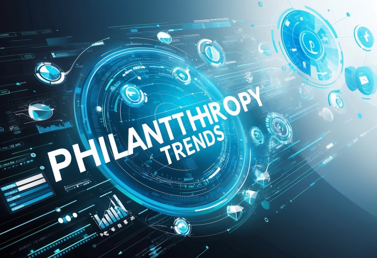 A futuristic data visualization of philanthropy trends, with intricate graphs and charts floating in a digital space