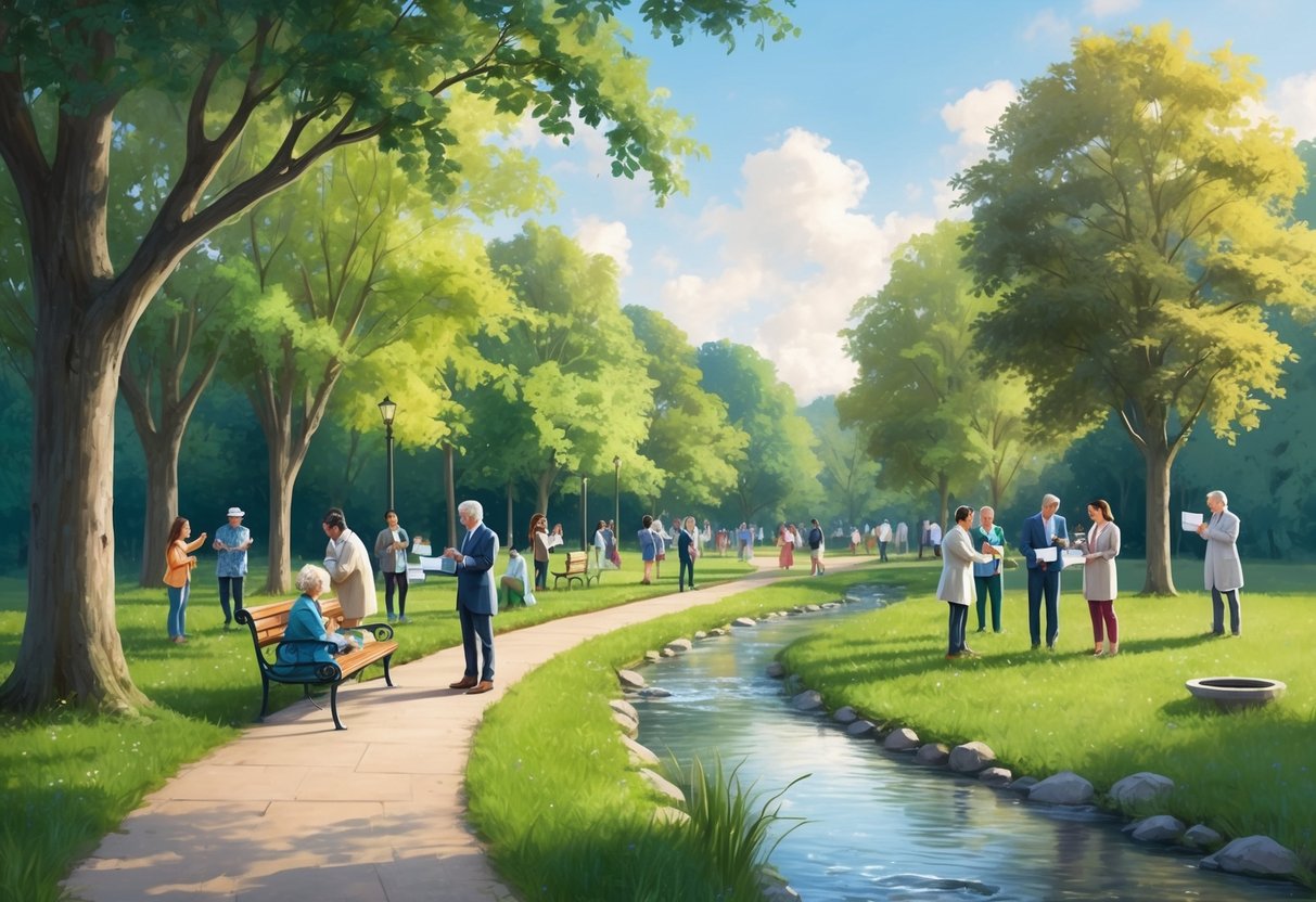 A serene park with a tree-lined path, a bench, and a stream, where a charitable trust event is taking place with people engaging in various acts of giving and kindness