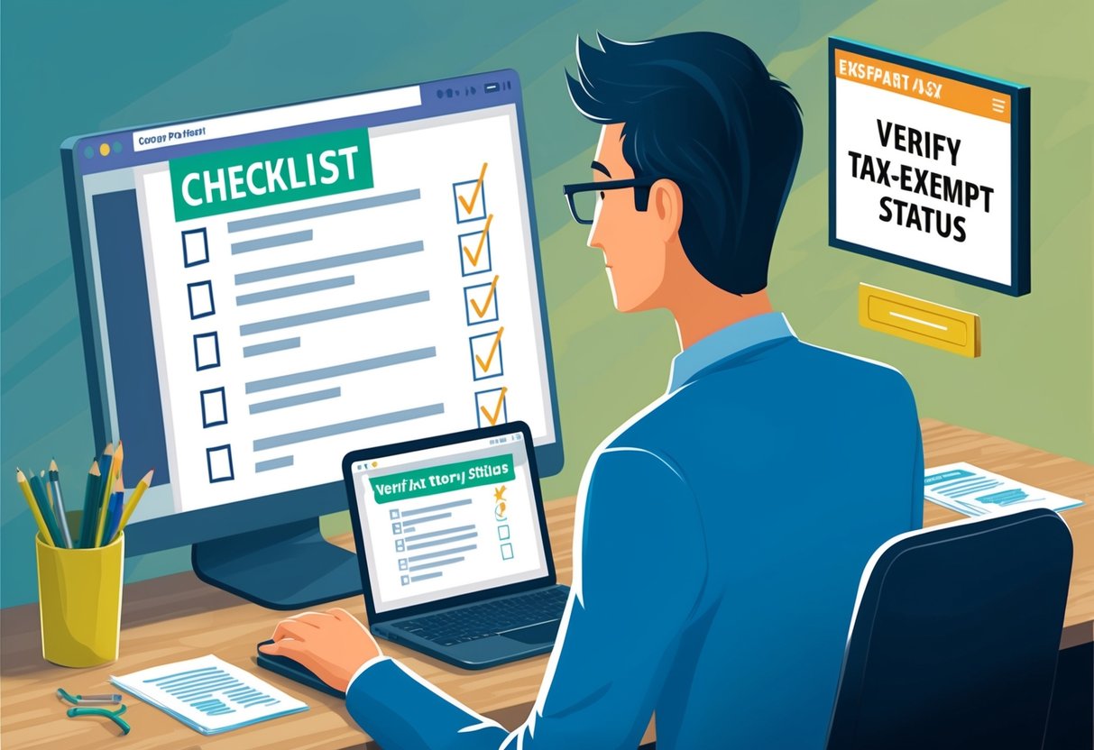 A person researching charities online, with a checklist of 6 steps and a computer screen displaying "Verify Tax-Exempt Status."