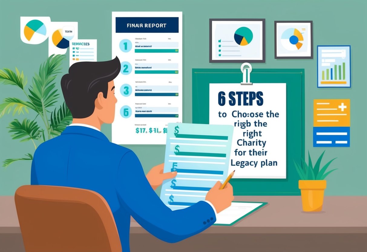 A person reviewing financial reports and a list of 6 steps to choose the right charity for their legacy plan