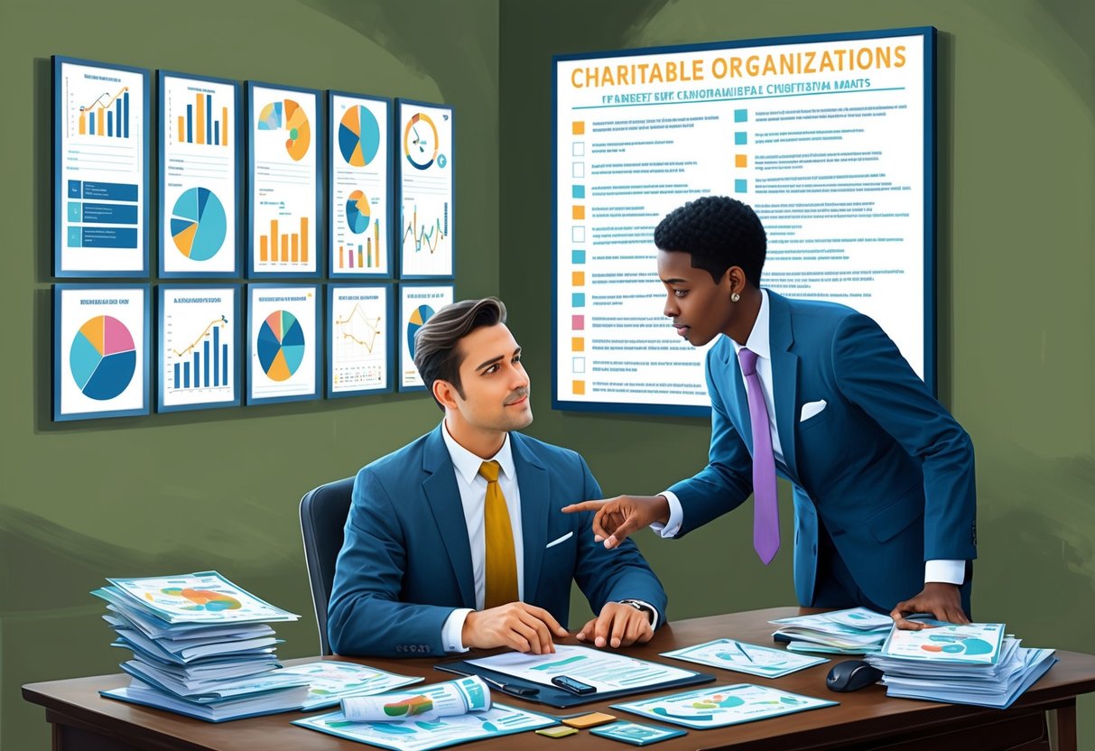 A financial advisor sits at a desk, surrounded by charts and graphs. On the wall, a list of charitable organizations is displayed. The advisor is deep in conversation with a client, pointing to different options on the list