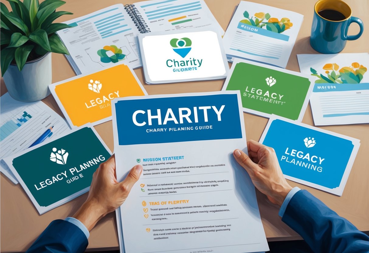 A person carefully examining six different charity logos and mission statements, surrounded by papers and a legacy planning guide
