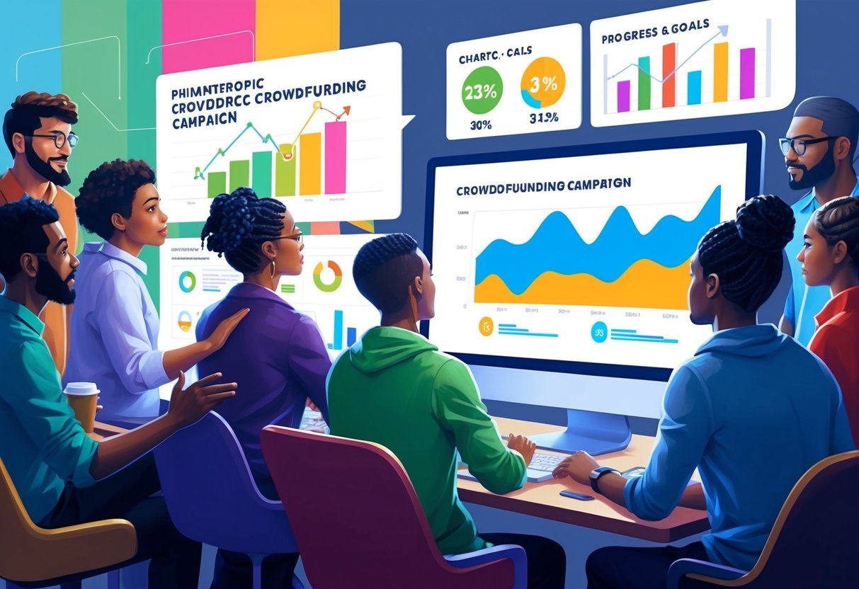 A diverse group of people gather around a computer, discussing and brainstorming ideas for a philanthropic crowdfunding campaign. Charts and graphs are displayed on the screen, showing progress and goals