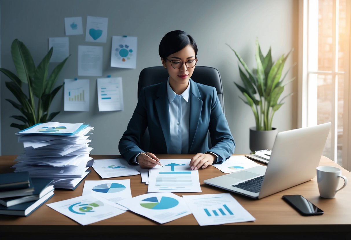 A person sitting at a desk, surrounded by papers and a laptop, carefully considering different charitable organizations for their legacy plan