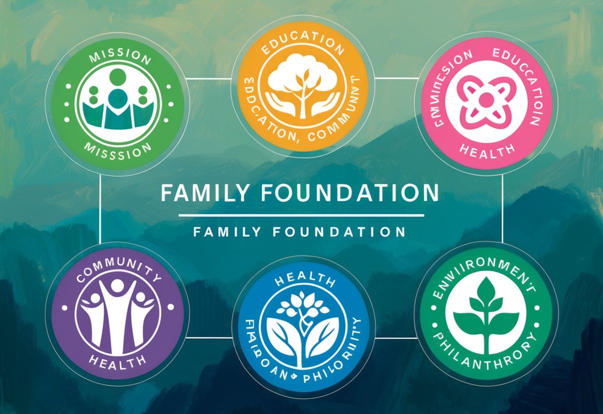 A family foundation logo surrounded by six key symbols representing mission, education, community, health, environment, and philanthropy
