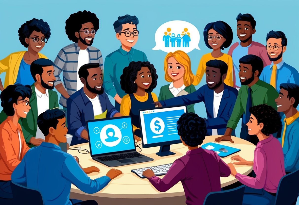 A group of diverse individuals gather around a computer, discussing and brainstorming ideas for a crowdfunding campaign for a philanthropic cause. They are engaged in lively conversation and appear to be collaborating closely