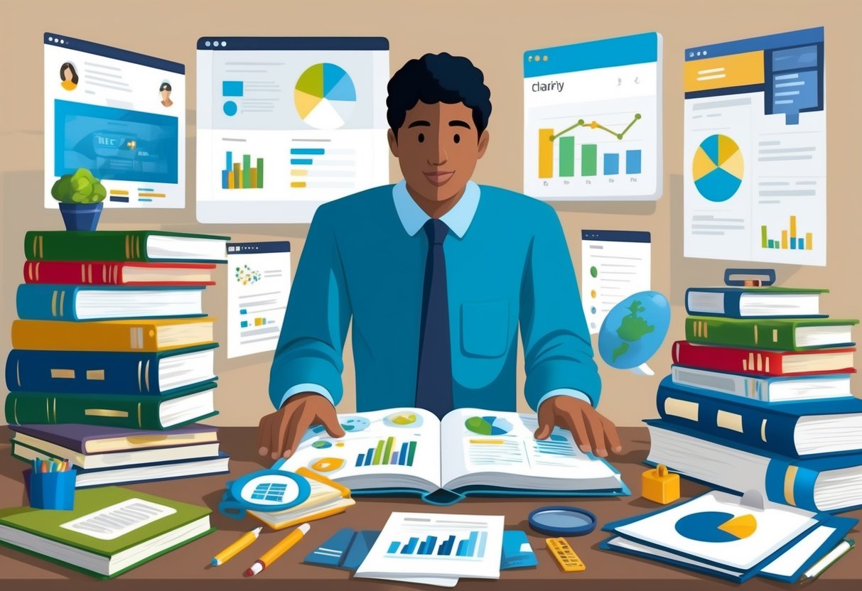 A person researching and comparing different charity options, surrounded by a variety of resources and information such as books, websites, and documents