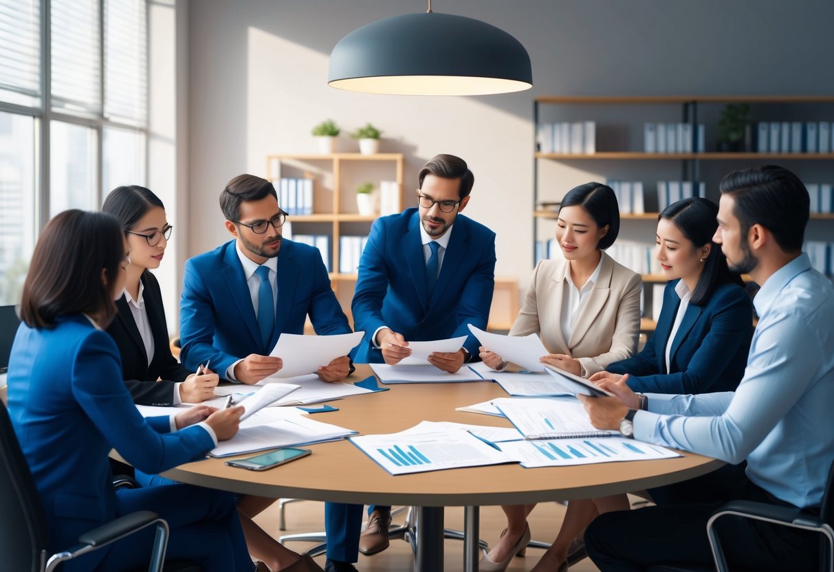 A group of people researching legal documents and discussing financial matters around a table in a well-lit office space