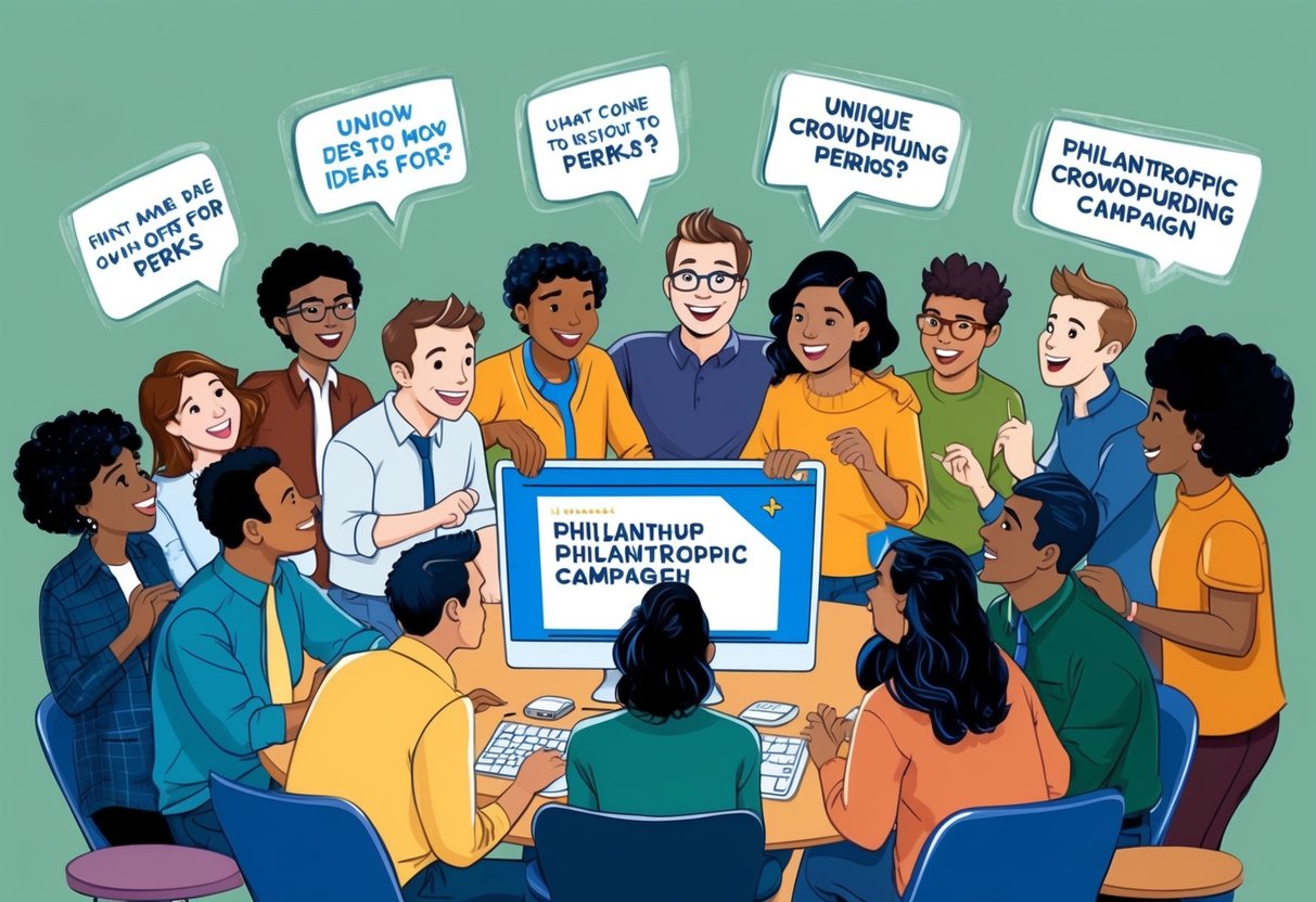 A diverse group of people gather around a computer screen, excitedly discussing and brainstorming ideas for unique perks to offer in a philanthropic crowdfunding campaign