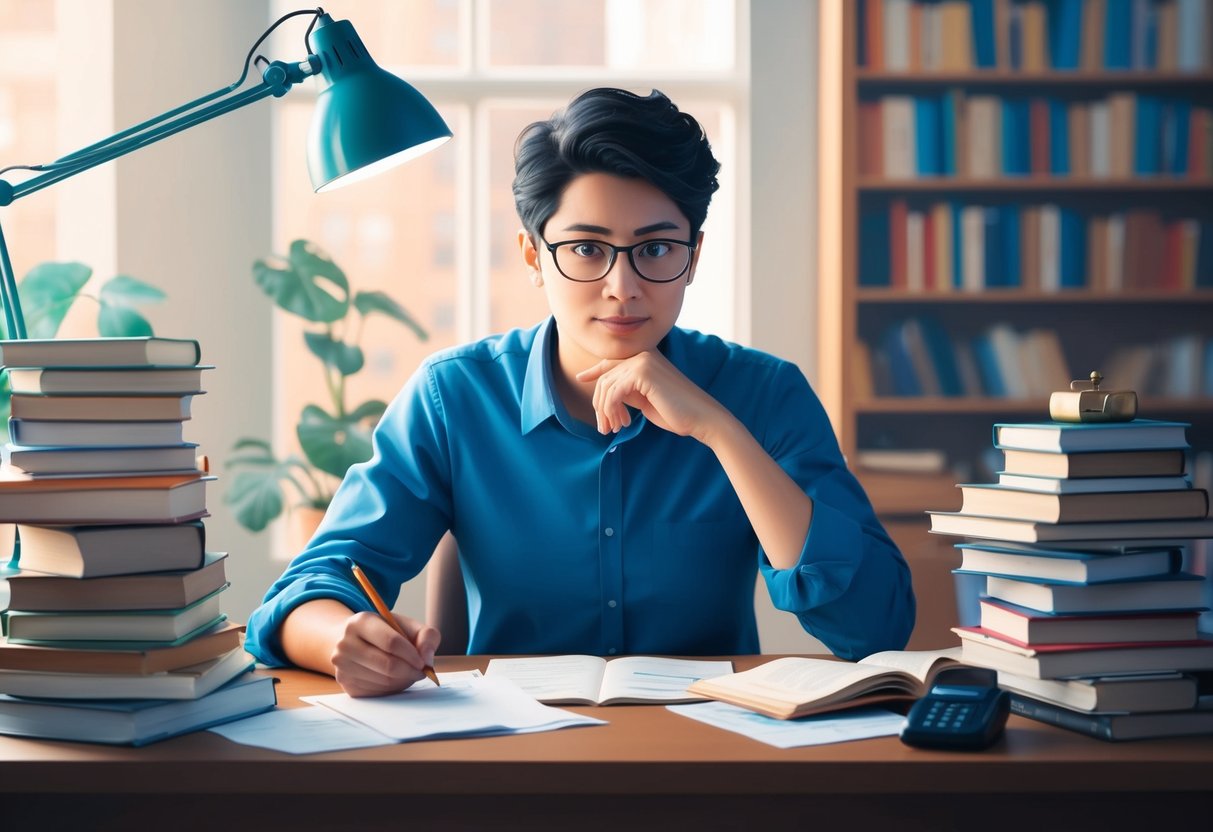 A person researching charities at a desk, surrounded by books and papers, with a thoughtful expression