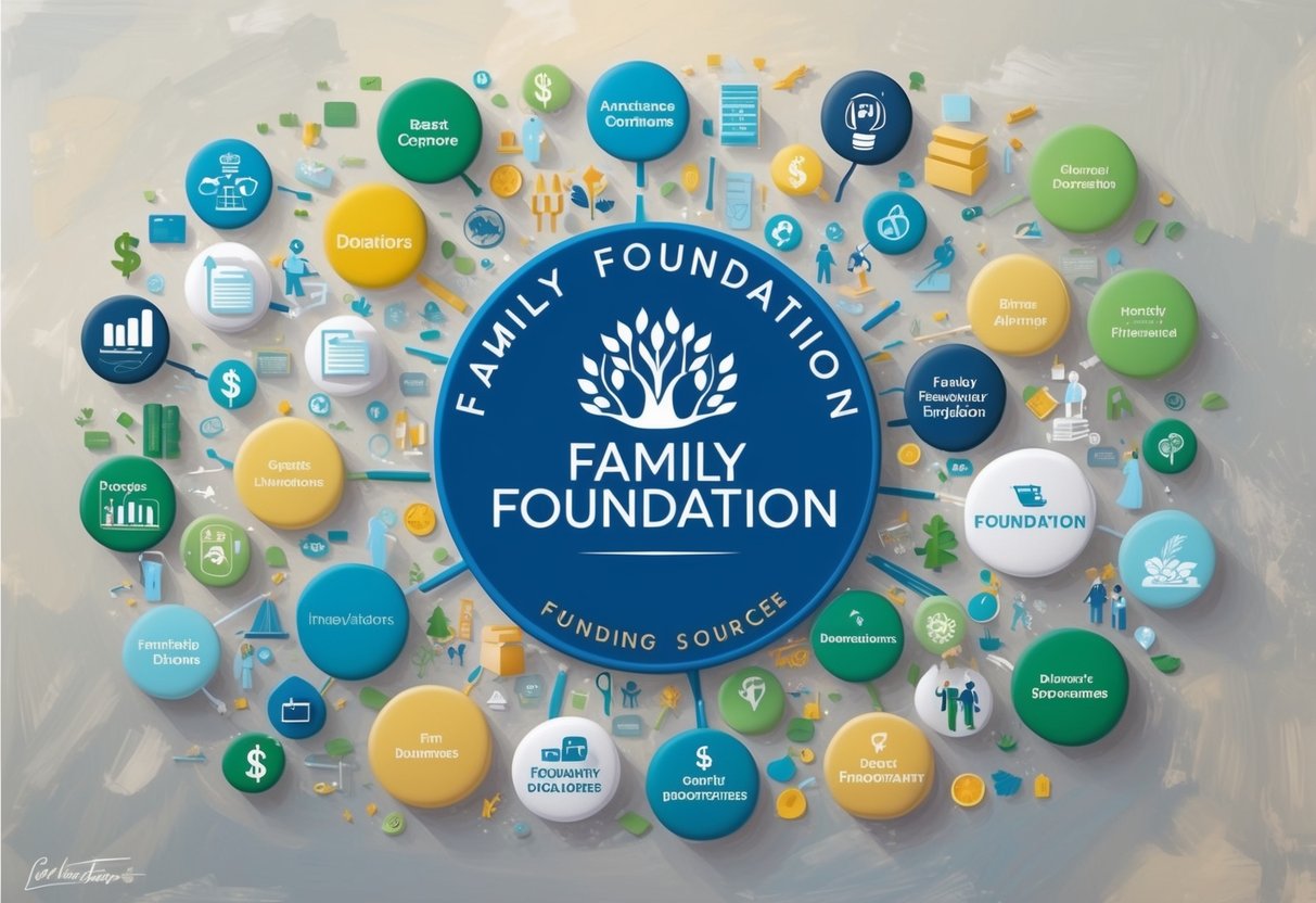 A family foundation logo surrounded by diverse funding sources: grants, donations, investments, endowments, fundraisers, and sponsorships