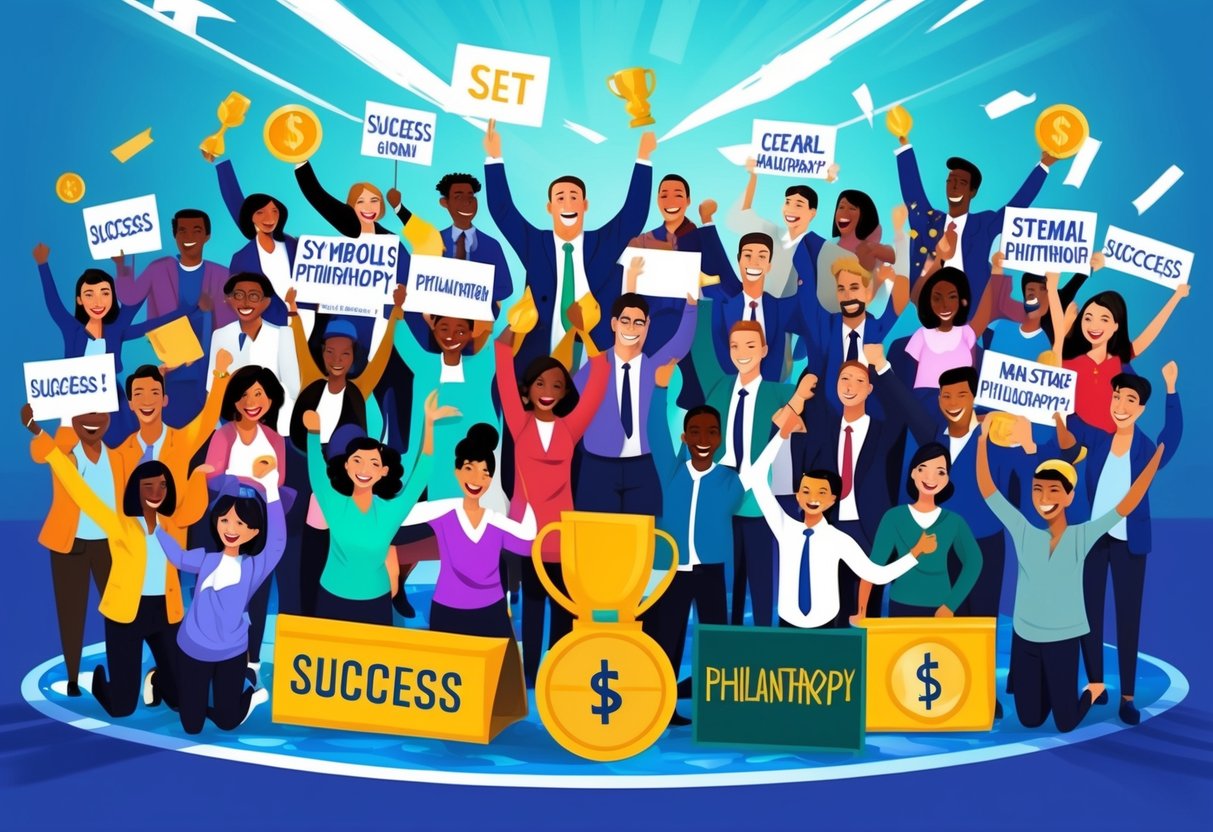 A diverse group of people celebrating, holding up signs, and cheering, surrounded by symbols of success and philanthropy