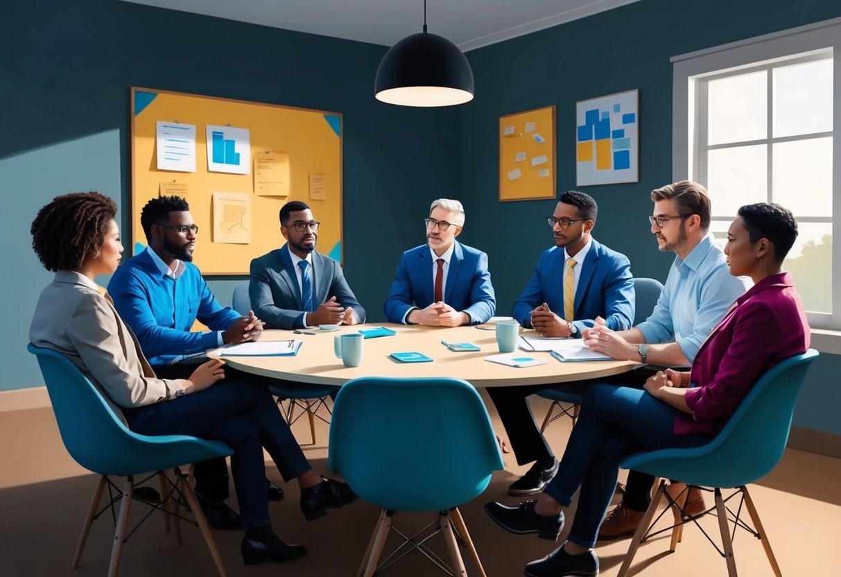 A group of six diverse individuals sitting around a table, engaged in a discussion and making decisions