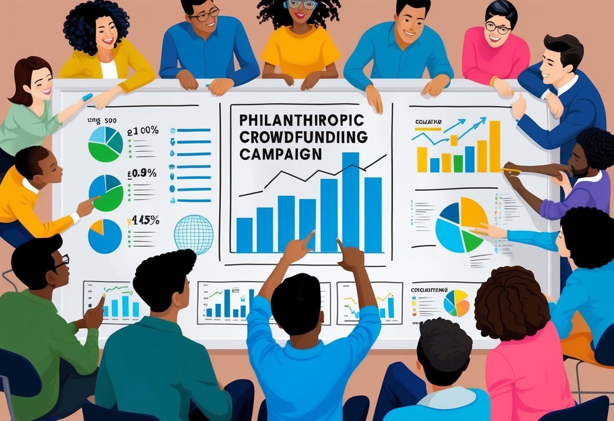 A group of diverse people gathered around a large whiteboard, brainstorming and strategizing with charts and graphs for a philanthropic crowdfunding campaign