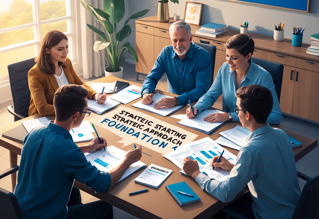 A family sitting around a table, discussing and planning their strategic approach to starting a foundation. Papers, notebooks, and pens are scattered across the table