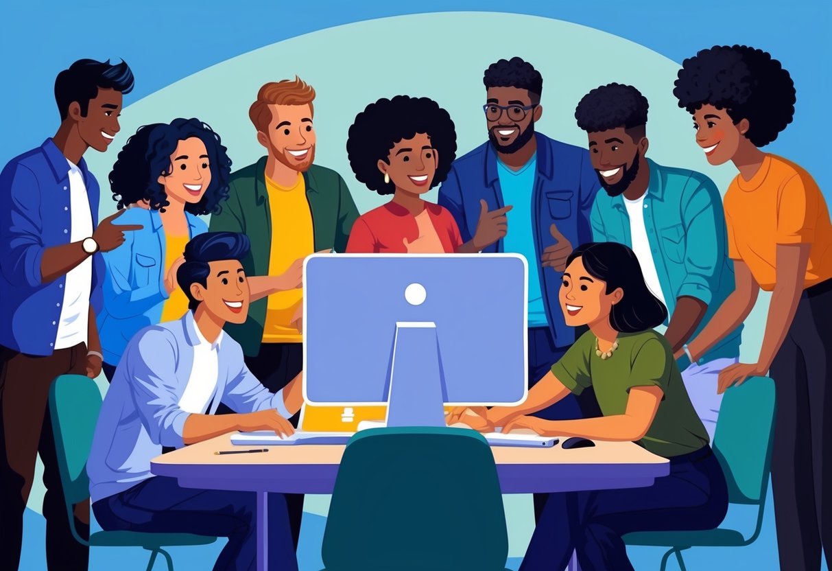 A group of diverse individuals gather around a computer, enthusiastically discussing and planning a crowdfunding campaign for a philanthropic cause