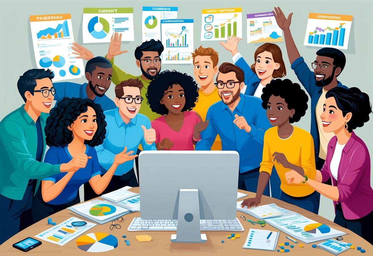A group of diverse people gather around a computer, excitedly discussing and brainstorming ideas for a successful crowdfunding campaign. They are surrounded by charts, graphs, and notes on philanthropy