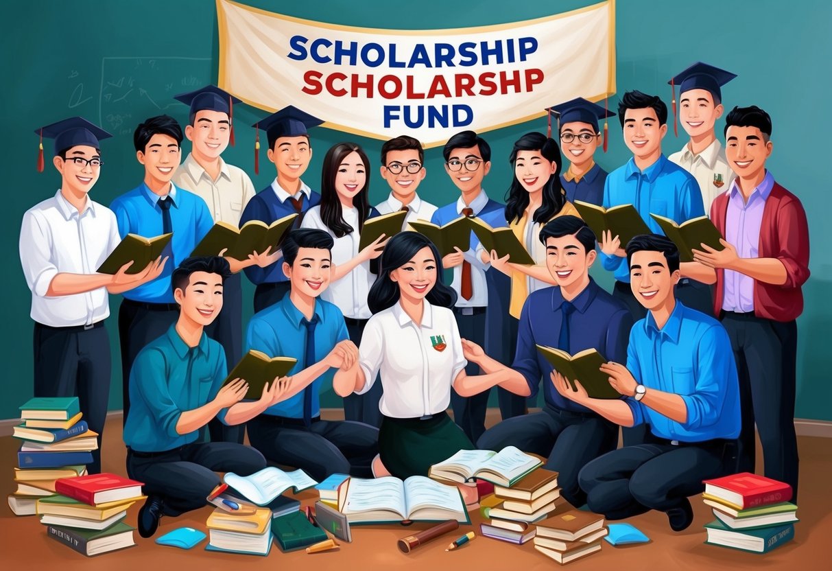 A group of students receiving scholarships, surrounded by books and educational materials, with a banner displaying the name of the scholarship fund