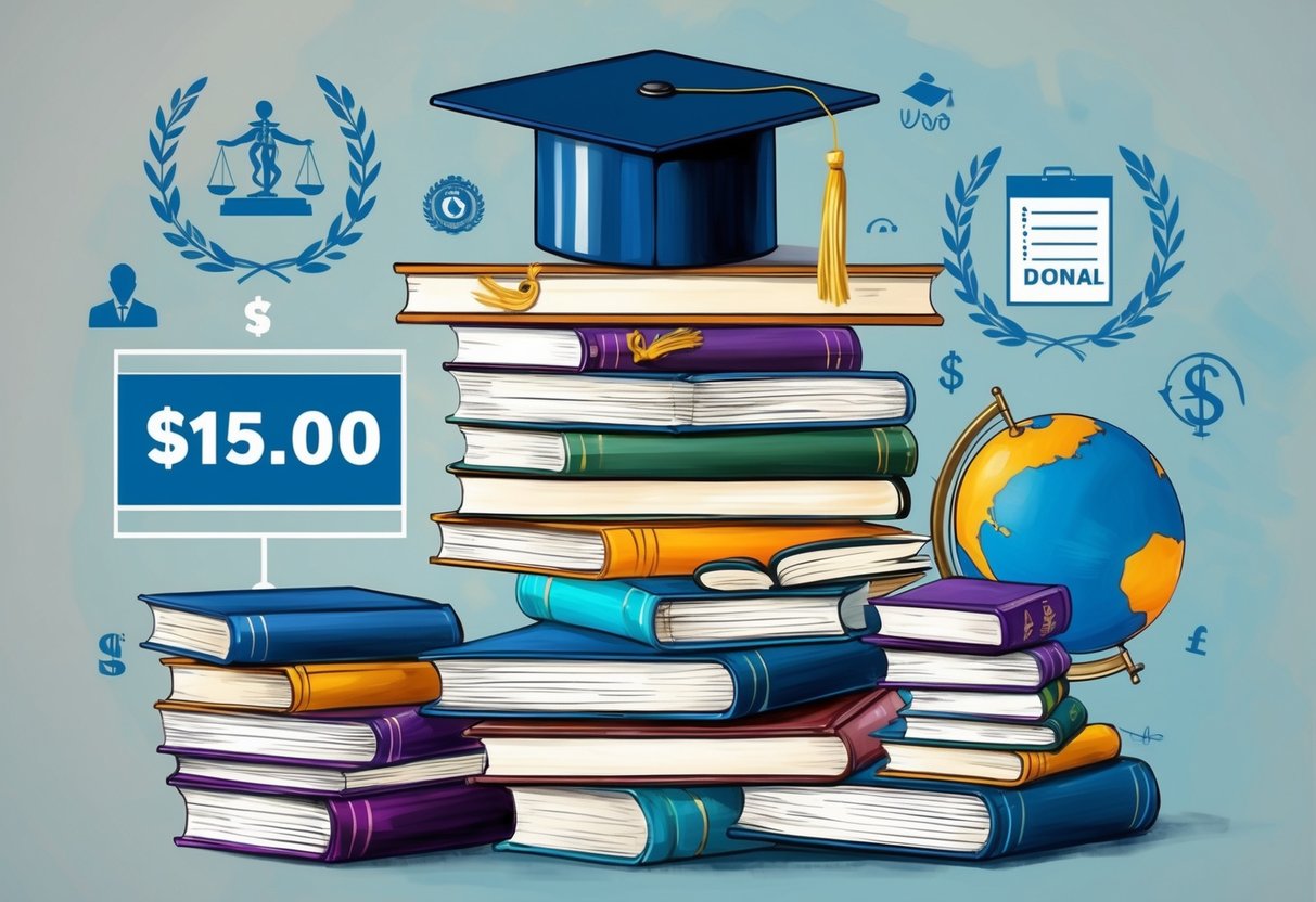 A stack of books with a graduation cap on top, surrounded by symbols of education and scholarship, with a donation amount prominently displayed