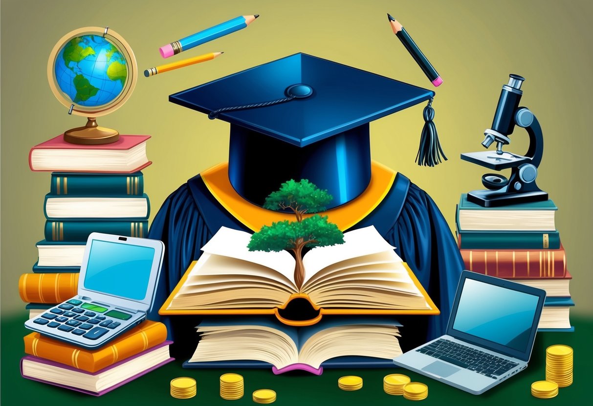 A scholar's cap surrounded by books, a graduation gown, a globe, a microscope, a pencil, a calculator, a laptop, a stack of coins, and a tree growing from a book