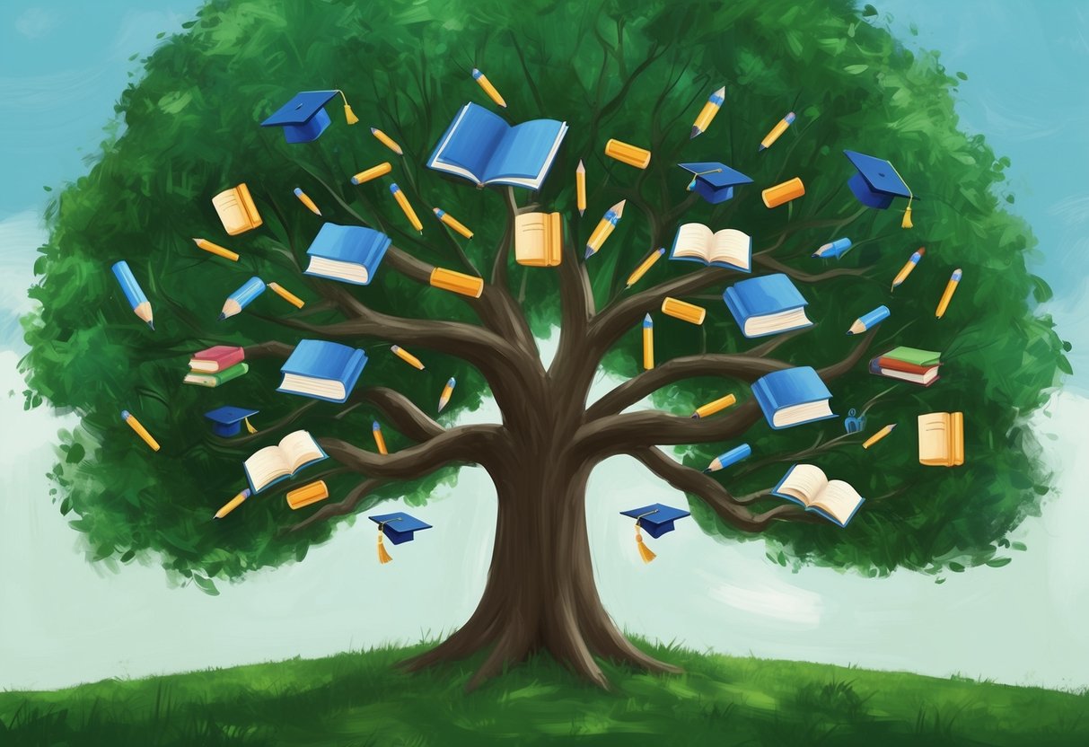 A large tree with branches reaching out to support various educational symbols such as books, graduation caps, and pencils
