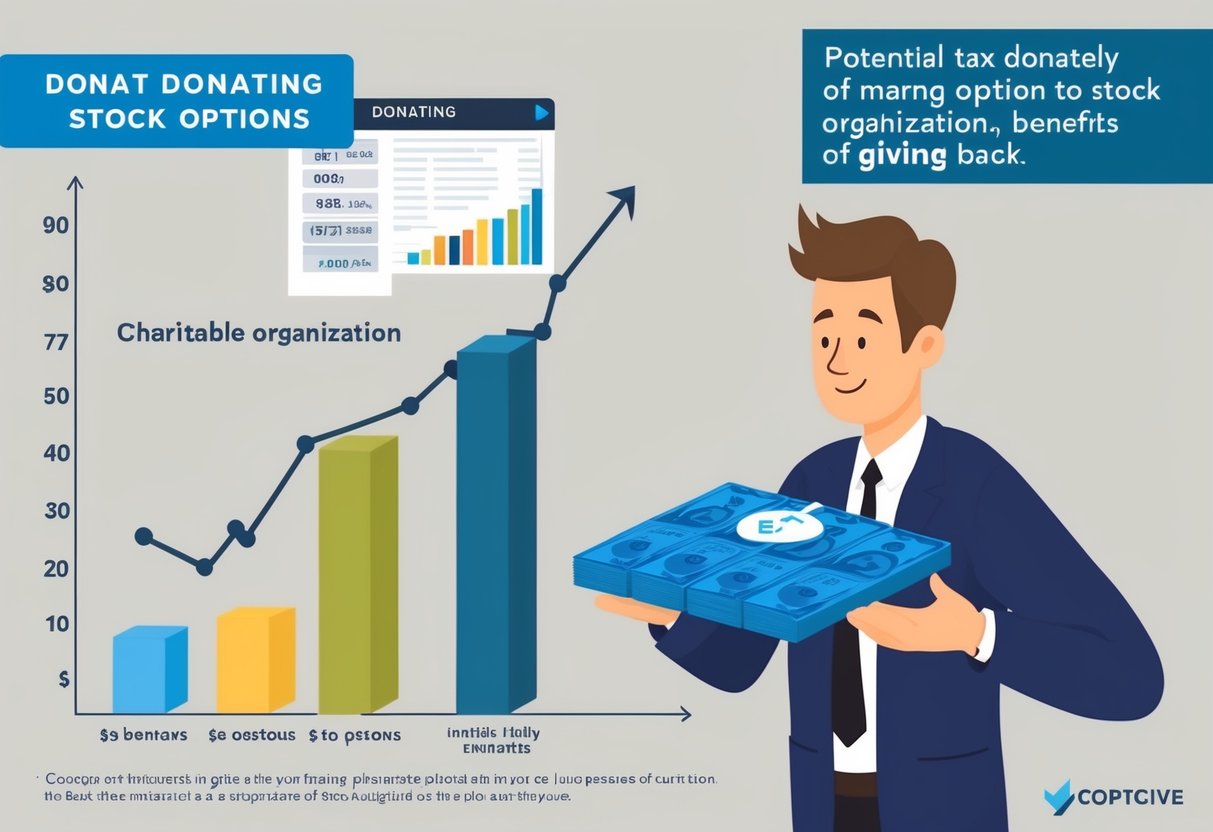 A person donating stock options to a charitable organization, with a graph showing the potential tax advantages and benefits of giving back