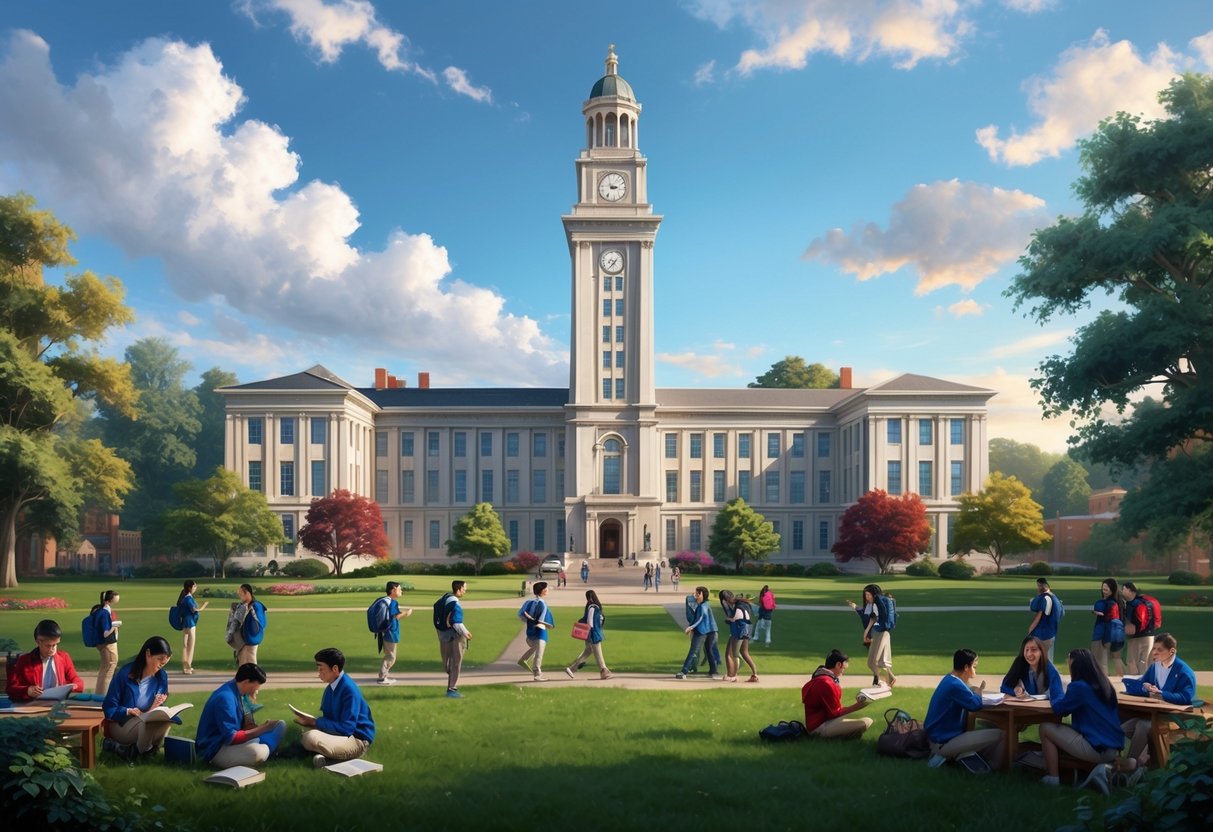 A grand building with a towering clock tower stands amidst a lush campus, surrounded by students engaged in various educational activities