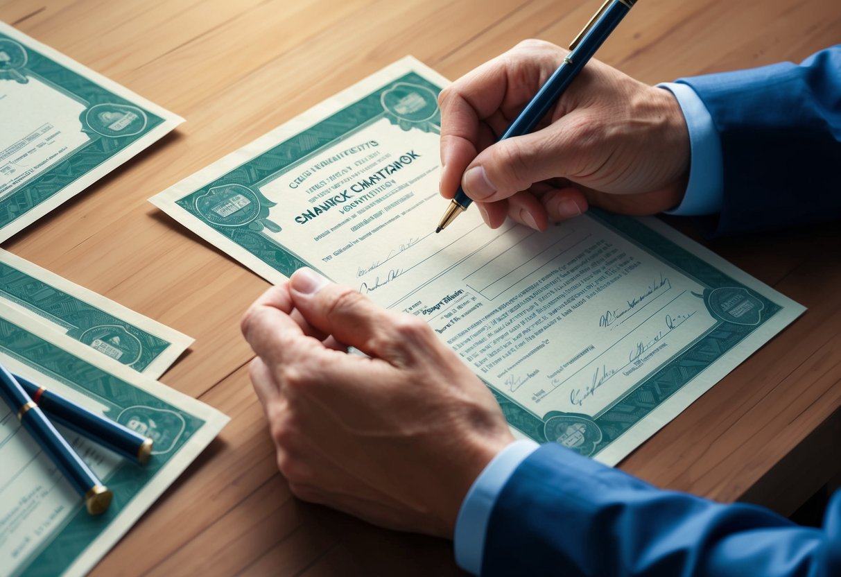 A hand signing over stock certificates to a charitable organization