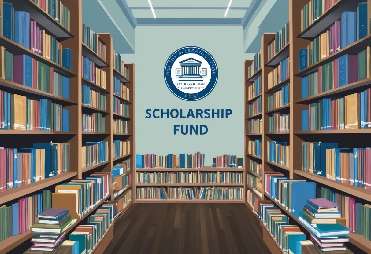 A library filled with books and educational resources, with a scholarship fund logo displayed prominently on the wall