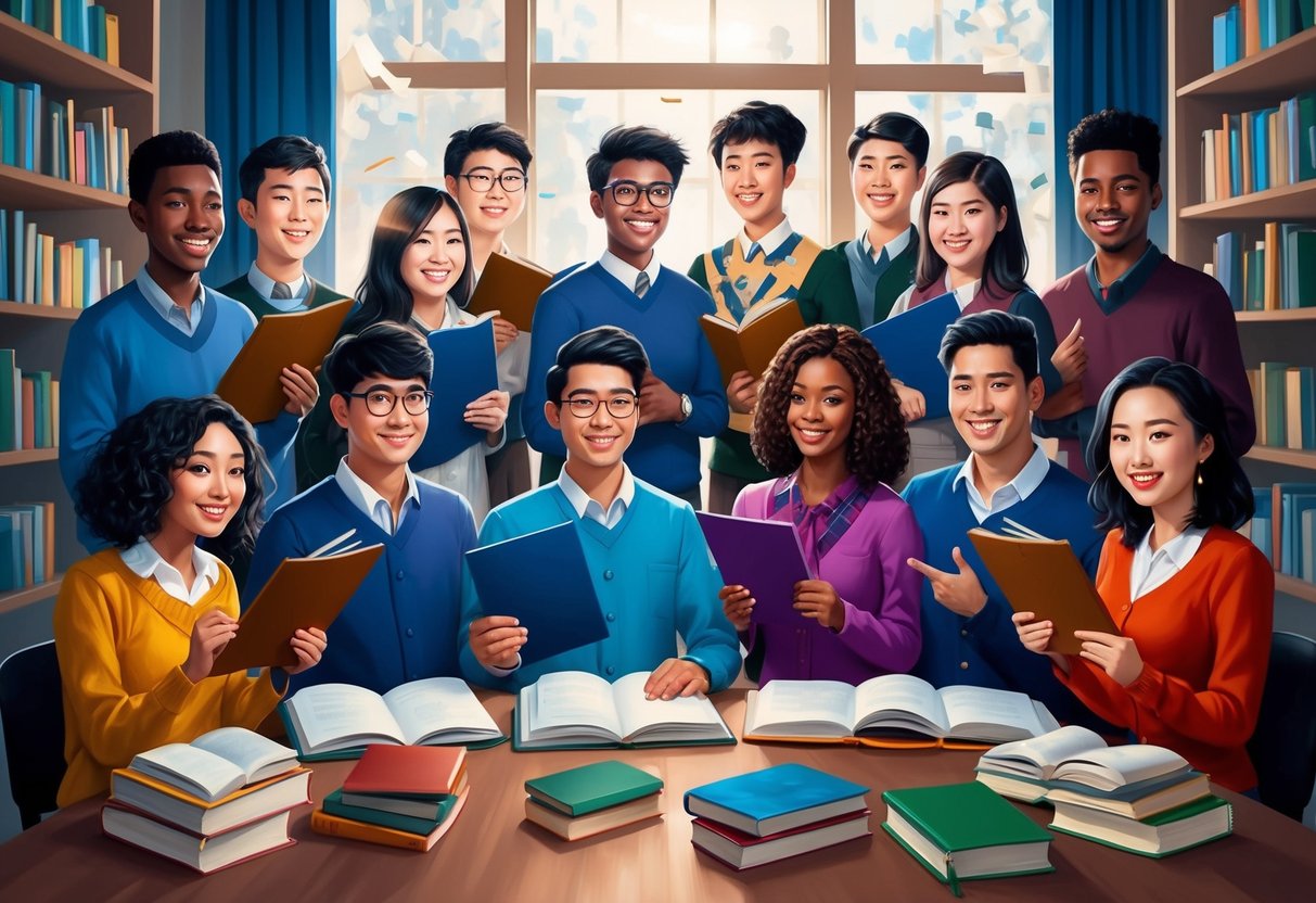 A diverse group of students receiving scholarships, surrounded by books and educational materials