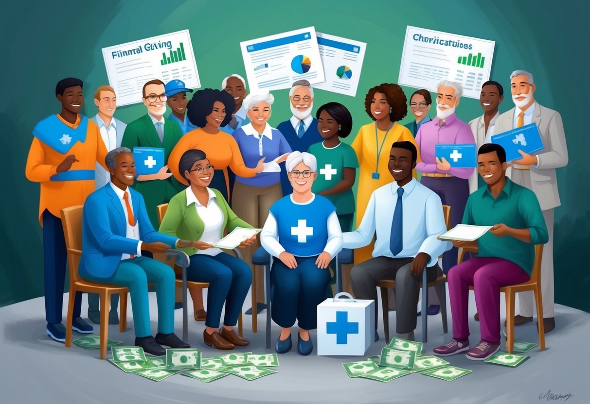 A diverse group of people receiving aid and support from charitable organizations, surrounded by symbols of giving such as stock certificates and financial charts