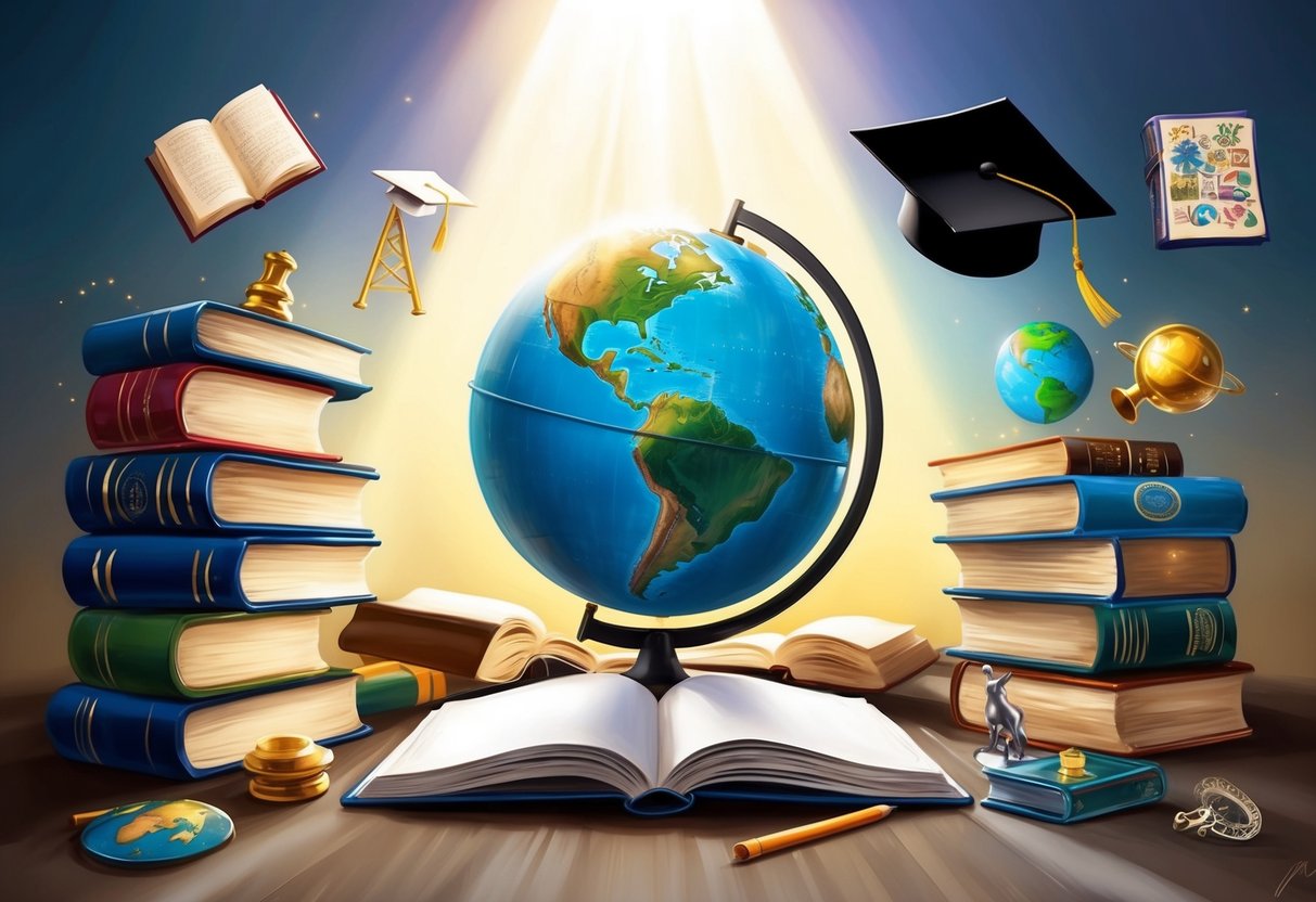 A globe surrounded by books, a graduation cap, and various cultural symbols, with a beam of light shining down on the scene
