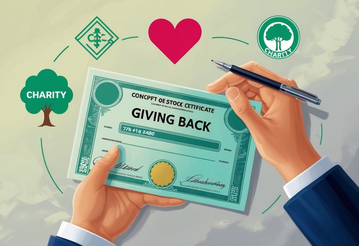 A hand holding a stock certificate, surrounded by symbols of giving back: a heart, a charity logo, and a family tree