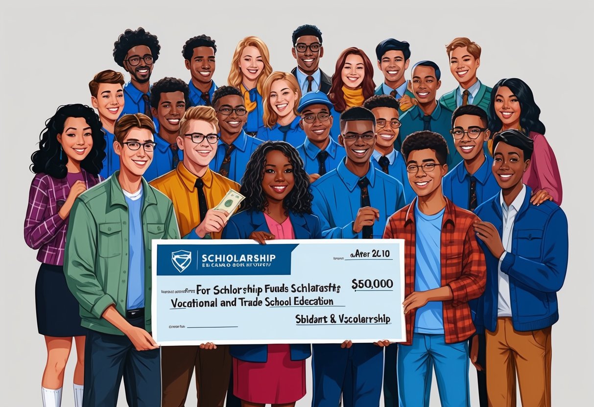 A group of diverse students are shown receiving scholarship funds for vocational and trade school education. The students are smiling and expressing gratitude