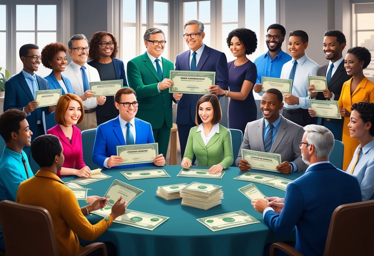 A diverse group of people gather around a table, exchanging stock certificates and discussing various charitable causes. The room is filled with a sense of collaboration and purpose