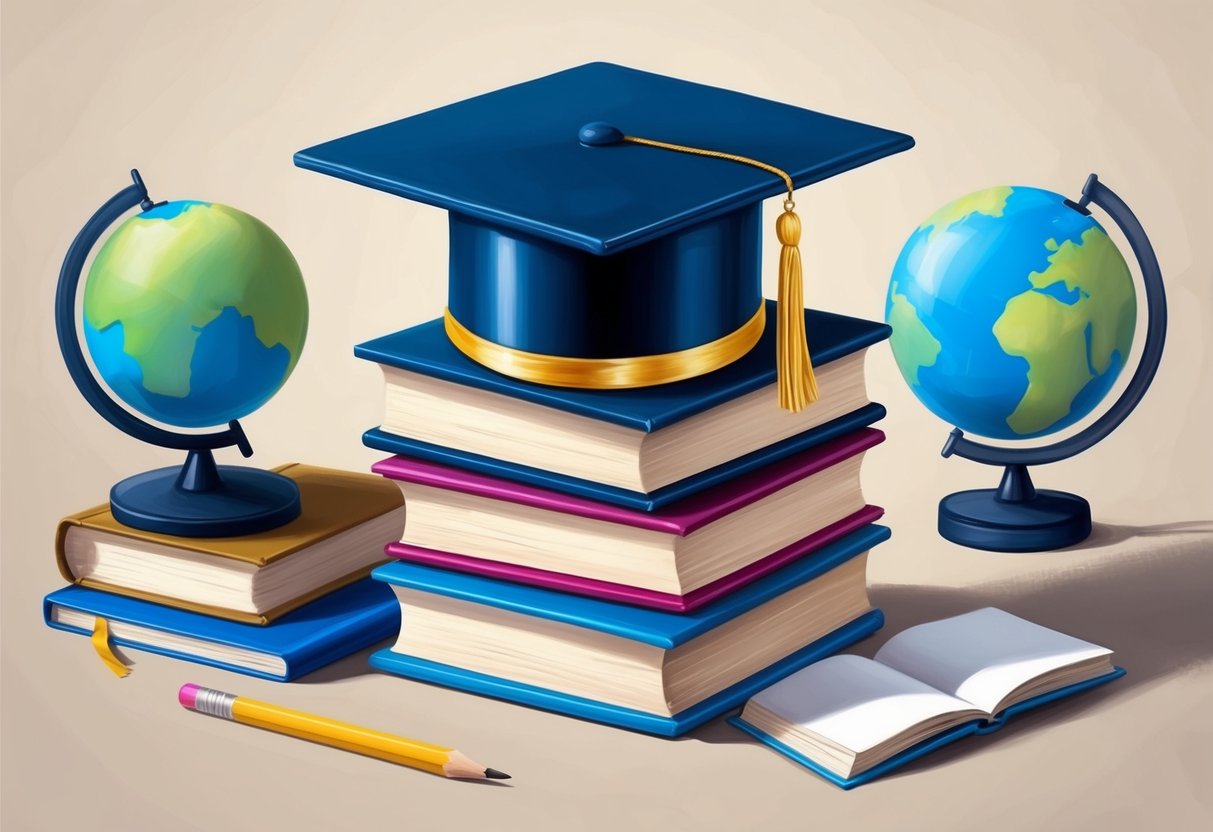A stack of books with a graduation cap resting on top, surrounded by symbols of education such as a globe, pencil, and open book