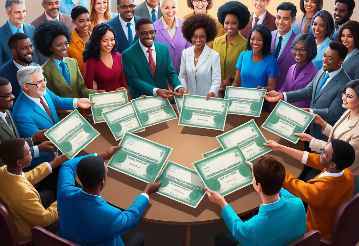 A group of diverse individuals symbolically handing over stock certificates to a charitable organization, with a sense of generosity and goodwill in the air