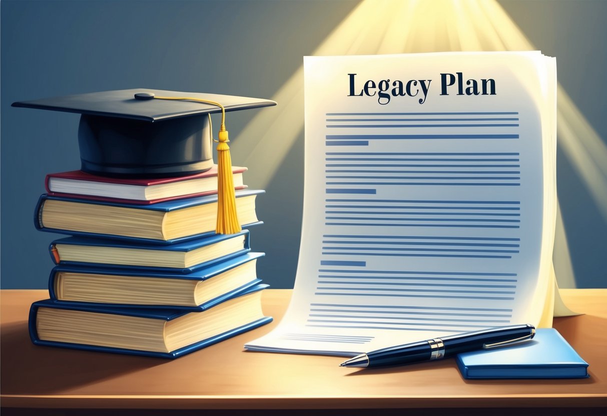A desk with a stack of books, a graduation cap, and a pen next to a document titled "Legacy Plan." A light shining on the desk symbolizes the impact of scholarship funds on education