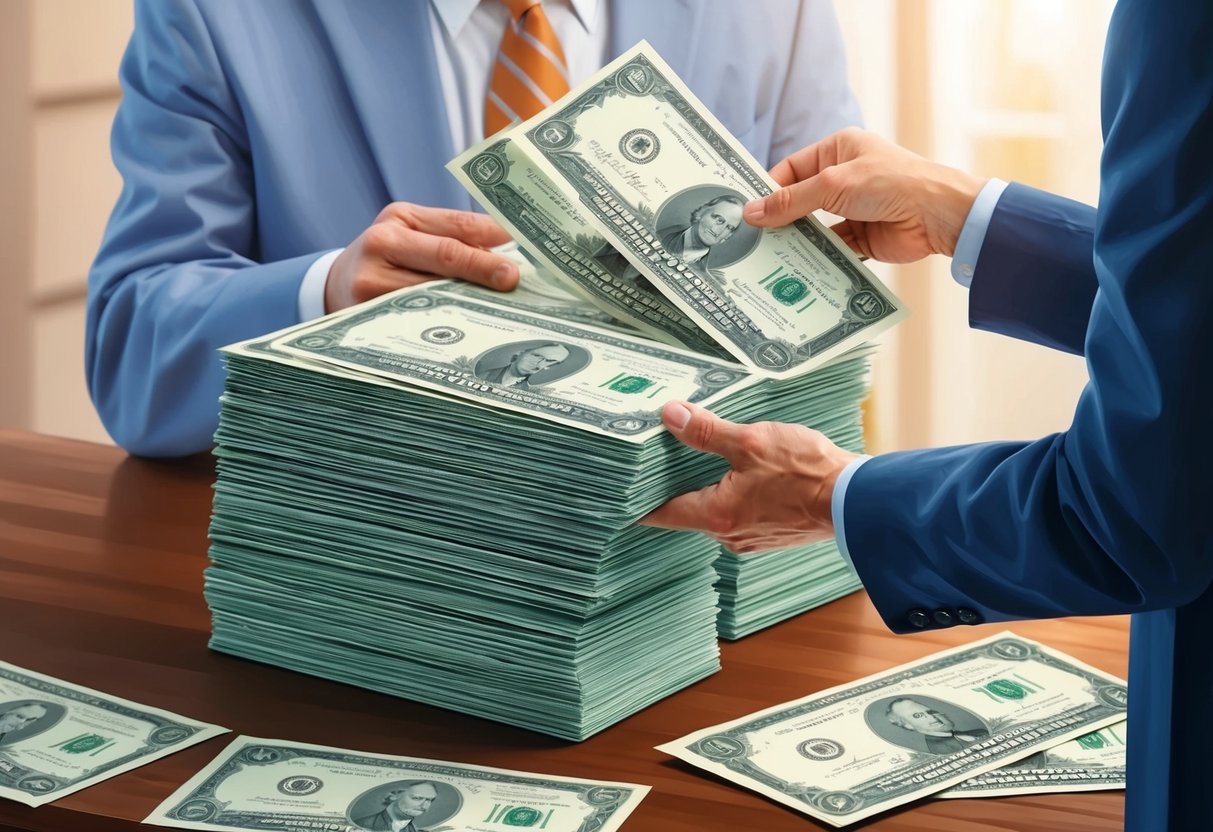 A stack of stock certificates being handed over to a charitable organization representative