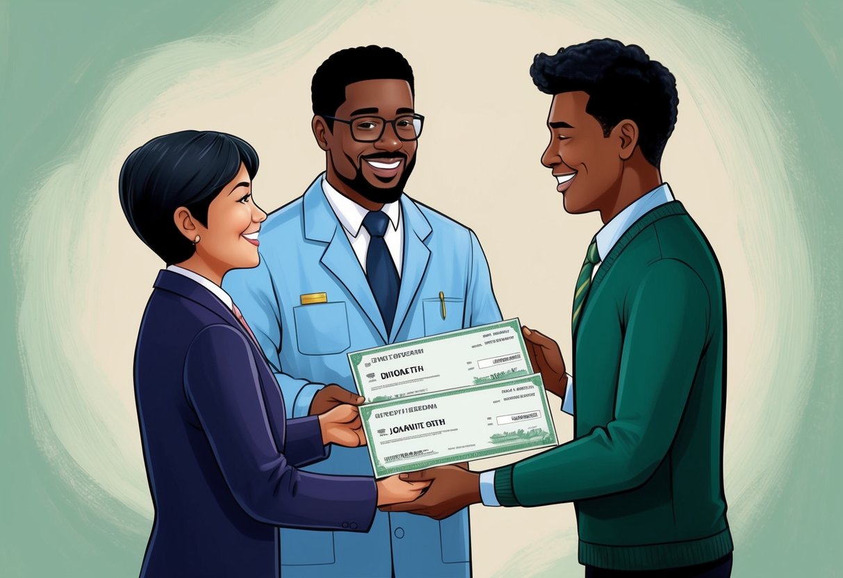 A person donating stock certificates to a charity representative. The charity representative is receiving the stock certificates with a smile, while the donor looks pleased