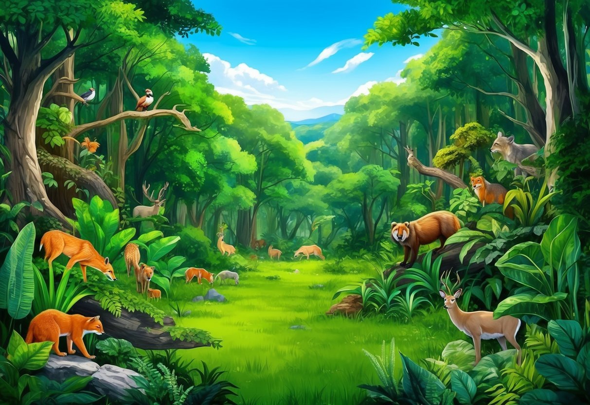 A lush green forest with a clear blue sky above, featuring various wildlife and plants thriving in their natural habitat