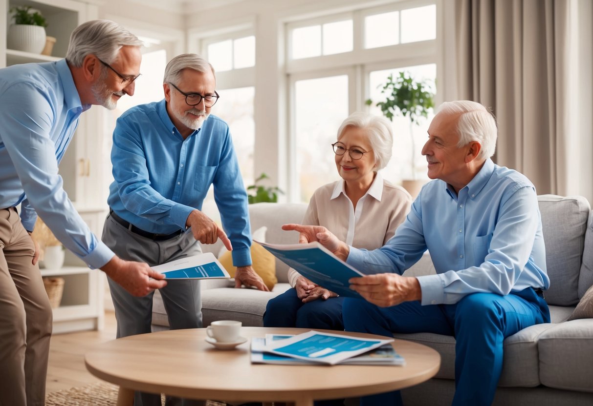 A cozy living room with a senior couple discussing insurance options with a financial advisor. The advisor points to a brochure on long-term care coverage
