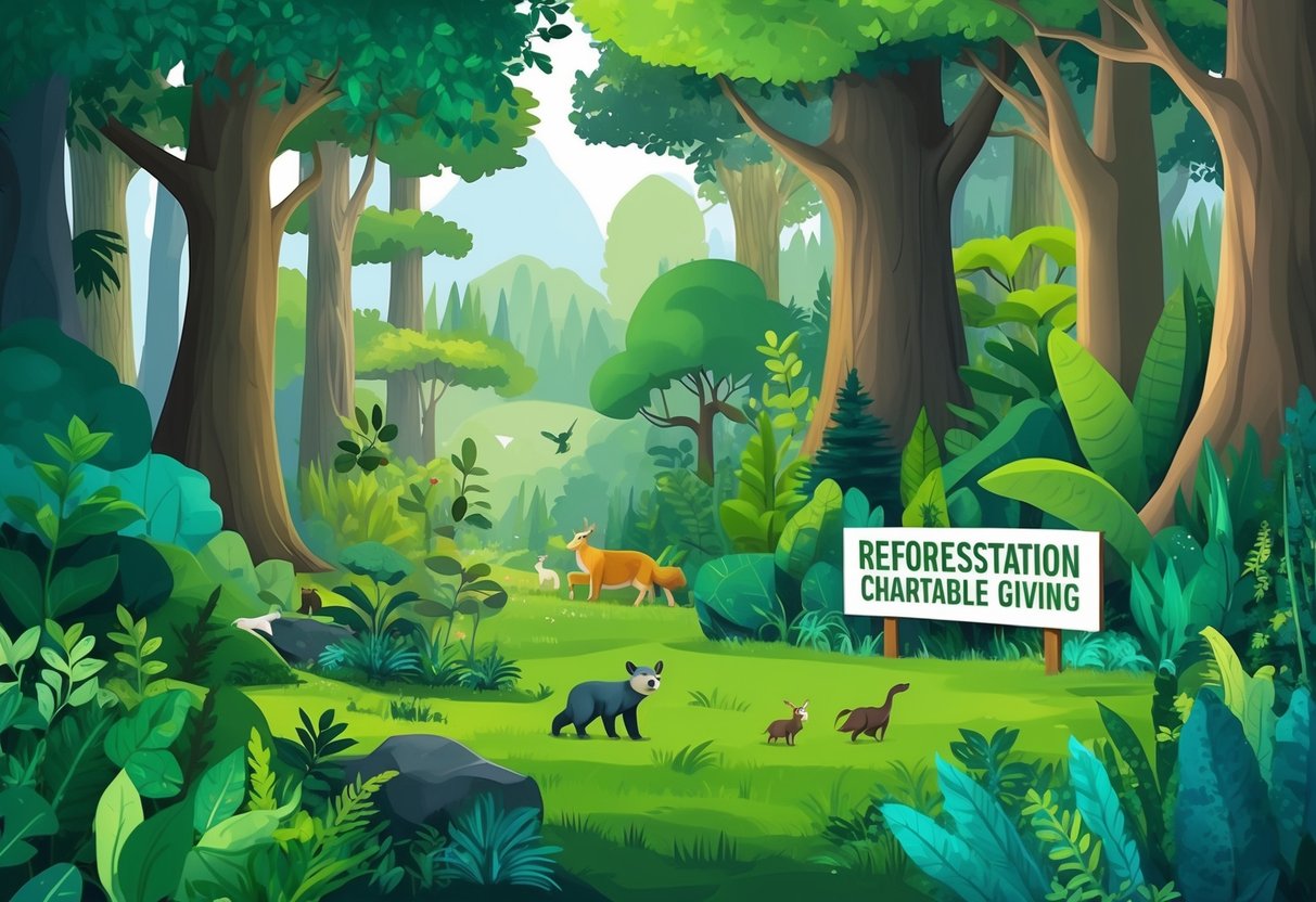 A lush forest landscape with a variety of trees, plants, and wildlife thriving, with a sign promoting reforestation and charitable giving