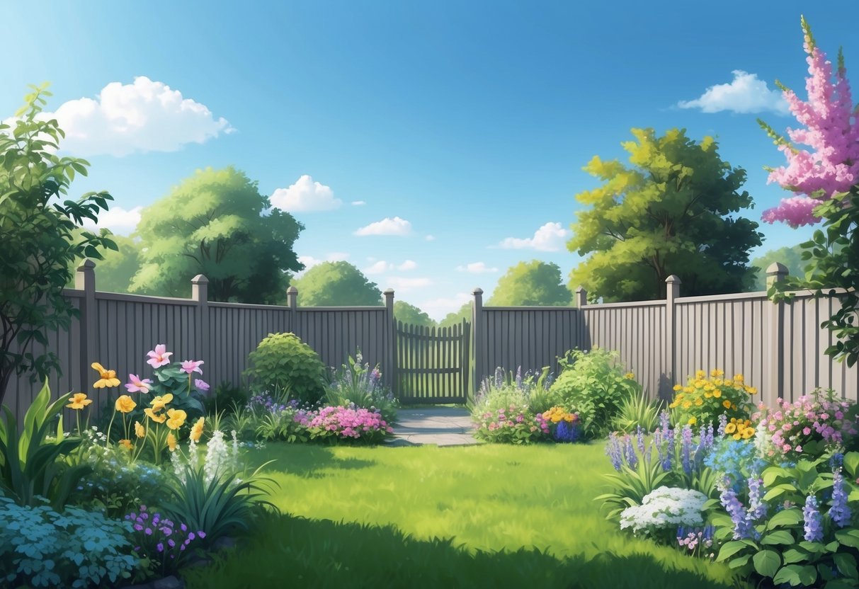 A tranquil garden with a variety of flowers and plants, surrounded by a sturdy fence and a clear blue sky above