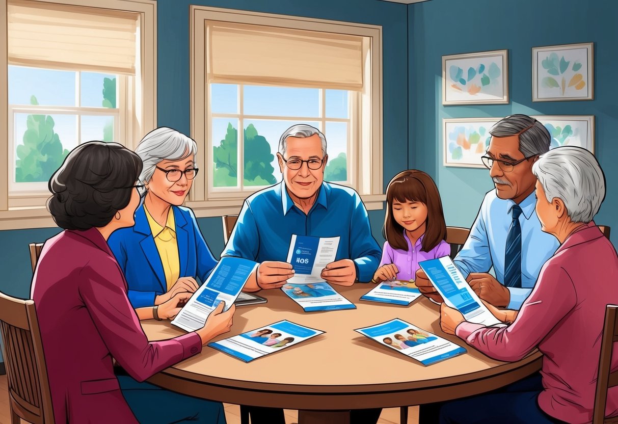 A family sitting around a table, discussing long-term care insurance options with a financial advisor. They are looking at brochures and discussing the importance of early enrollment
