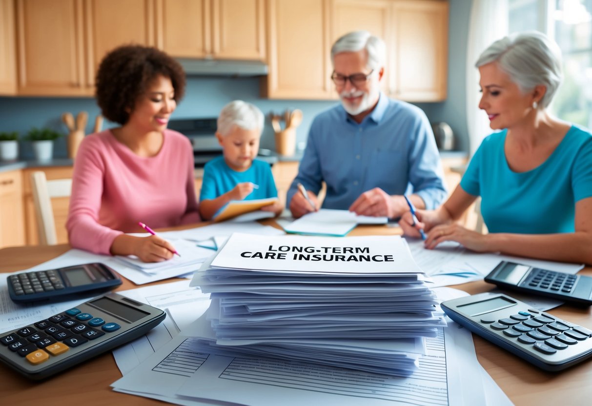 A family sits at a kitchen table, surrounded by paperwork and calculators. A stack of documents labeled "Long-Term Care Insurance" is front and center