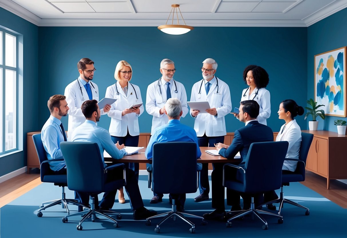 A group of insurance professionals discussing long-term care criteria in a boardroom setting